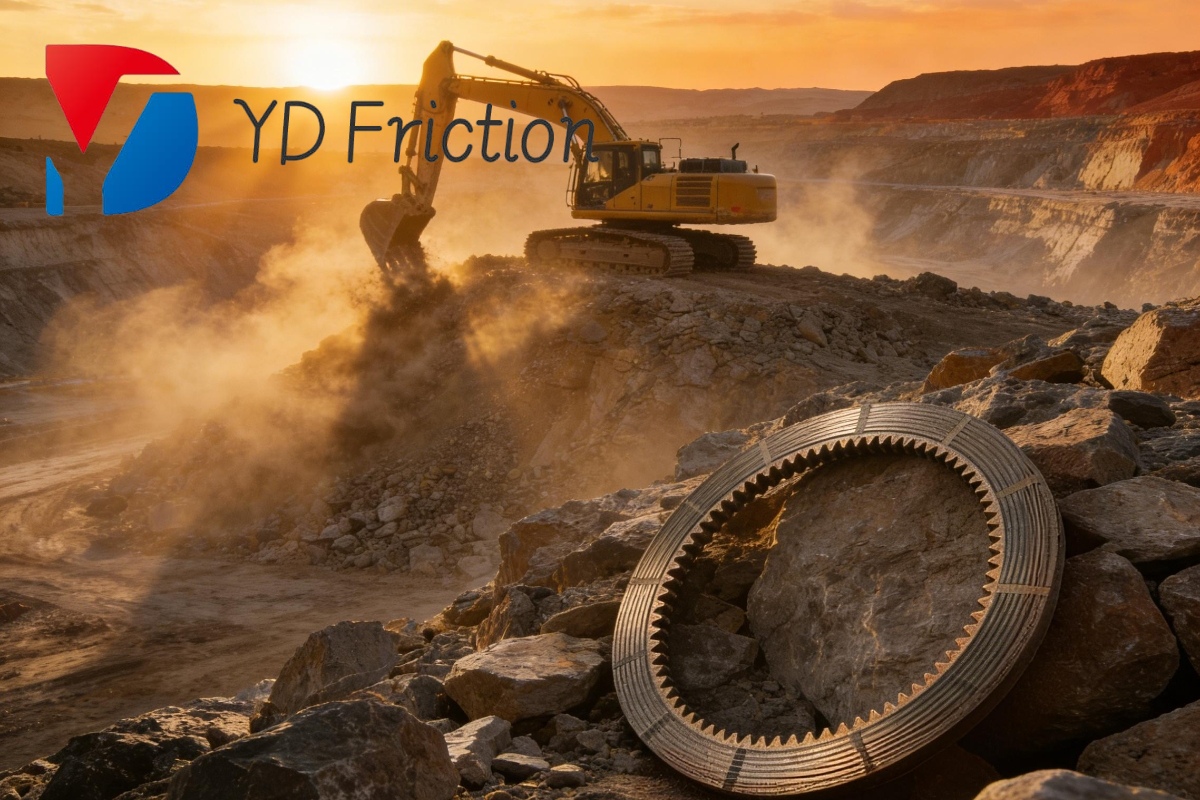 Heavy-duty sintered bronze friction plate for Komatsu excavators and mining equipment working in rocky environments at sunset